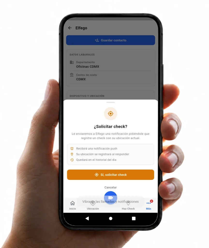 App Nextor Móvil mostrando una solicitud de Haz Check con registro de ubicación