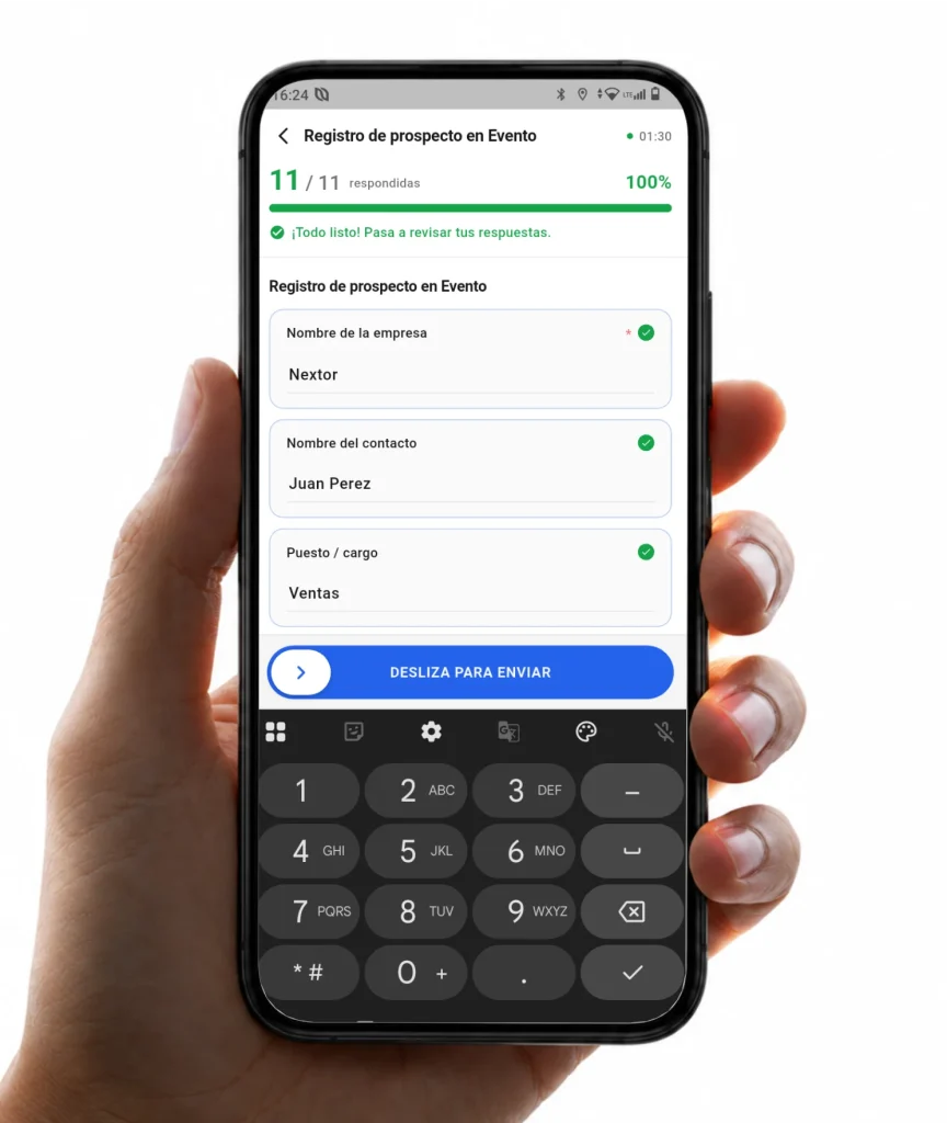 App Nextor Móvil con un formulario "Registro de prospecto en Evento" completado al 100% y el botón Desliza para enviar