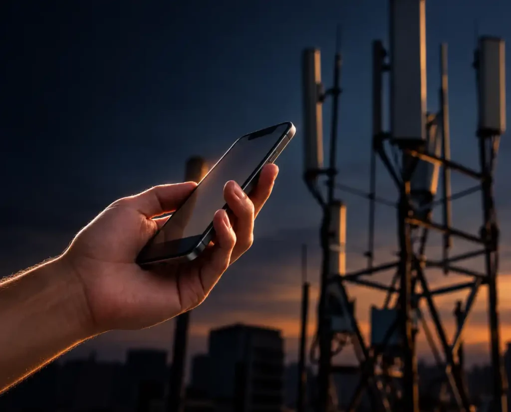 Teléfono con señal frente a antenas de telefonía: cobertura de red triple de Nextor Móvil