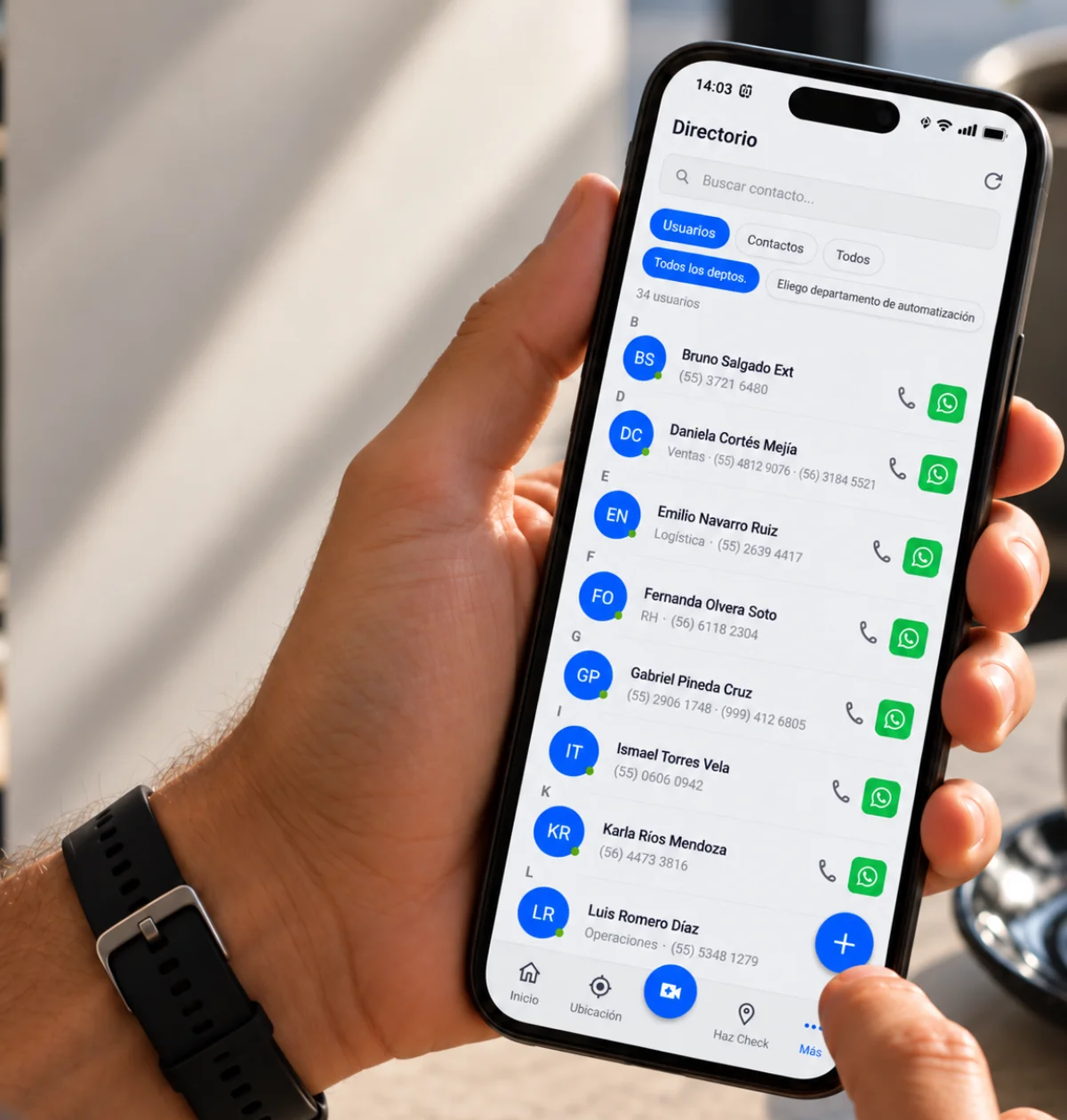 Directorio empresarial de Nextor Móvil consultado desde el teléfono del personal de campo