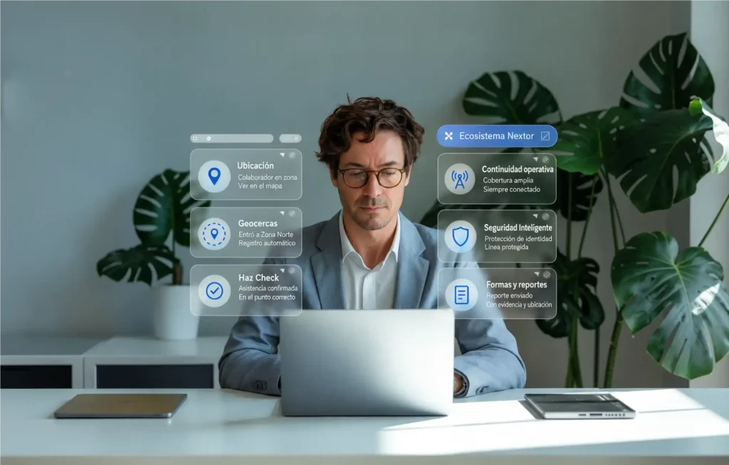 Persona frente a una laptop rodeada de tarjetas flotantes con los módulos del ecosistema Nextor Móvil: Ubicación, Geocercas, Haz Check, Continuidad operativa, Seguridad Inteligente y Formas y reportes.