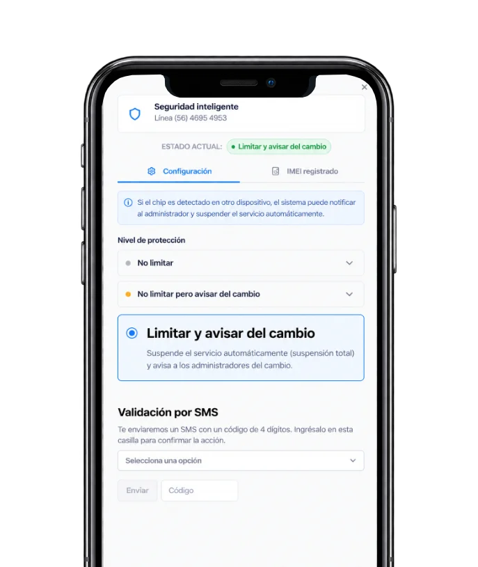 Pantalla de Seguridad Inteligente en Nextor Móvil con el nivel de protección "No limitar" seleccionado: el servicio no se ve afectado si el chip pasa a otro equipo.