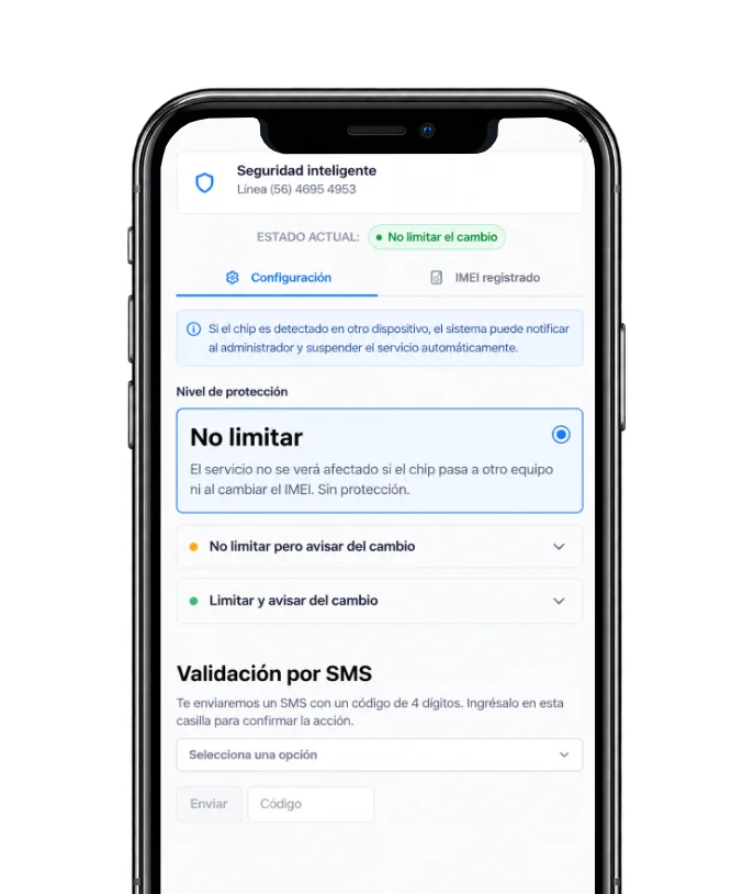 Pantalla de Seguridad Inteligente en Nextor Móvil con el nivel "Limitar y avisar del cambio" seleccionado: suspende el servicio automáticamente y avisa a los administradores cuando el chip cambia de equipo.