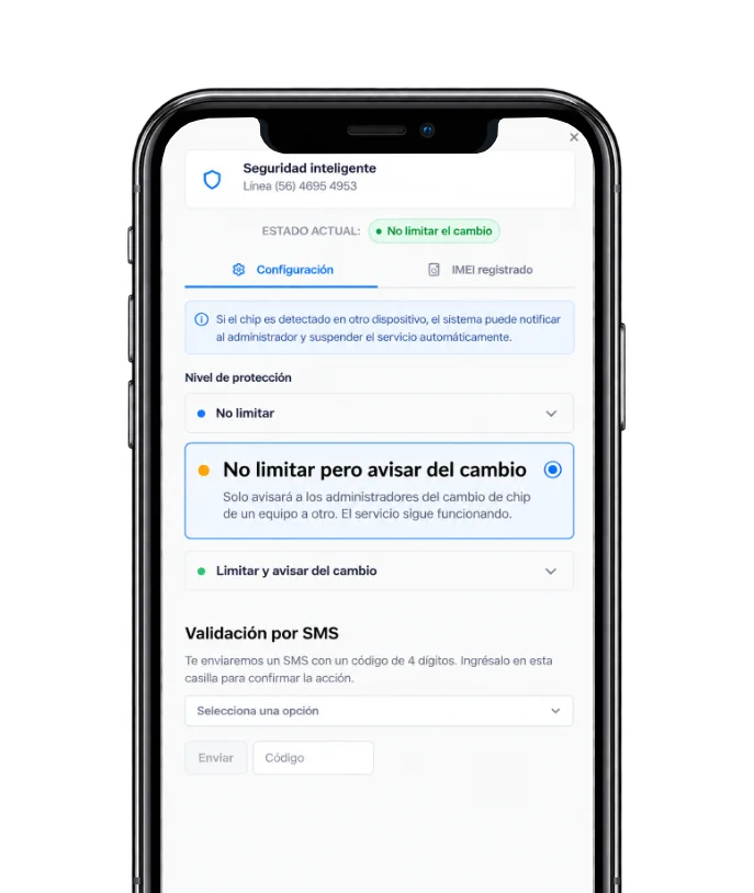 Pantalla de Seguridad Inteligente en Nextor Móvil con el nivel "No limitar pero avisar del cambio" seleccionado: avisa a los administradores si el chip cambia de equipo, sin suspender el servicio.