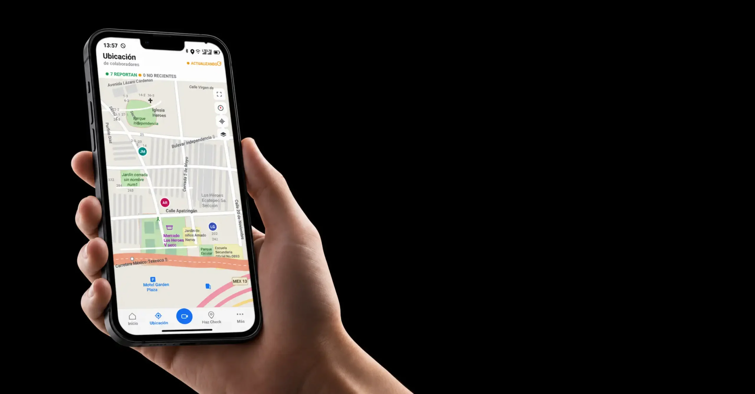 App de ubicación de Nextor Móvil mostrando el mapa del personal de campo